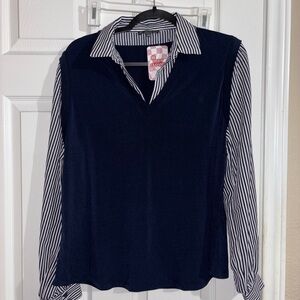 Adrianna Papell Navy and White Striped Button Down Shirt